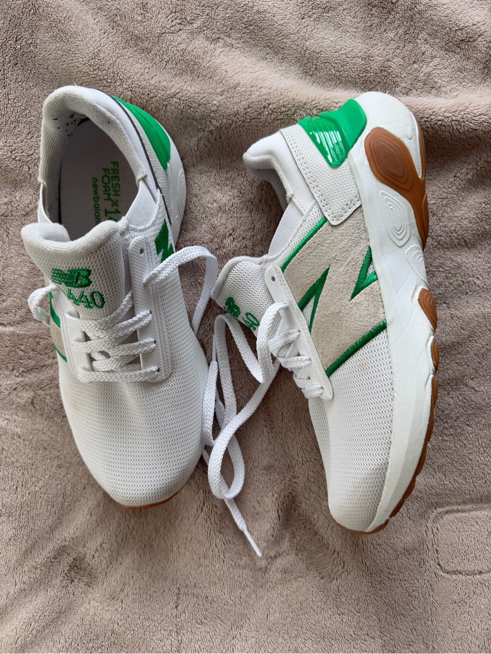 New Balance White and Green Athletic Sneakers with Gum Outsole - NB 1440